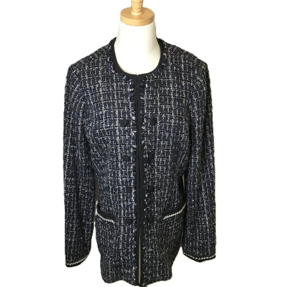 White Black Fancy‎ Long Tweed Jacket Size L Beaded Accents